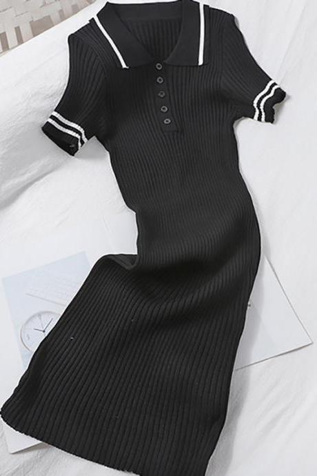 Women Knitted Dresses Summer 2021 New Turn-down Collar Fashion Casual Button Short Sleeve Slim A-line Midi Dress