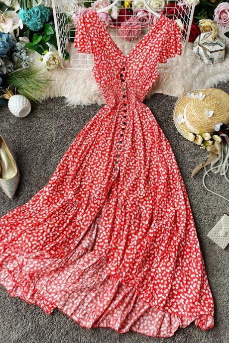 Women Summer Floral Maxi Dress Bohemian Irregular Ruched Backless Ruffle Vintage Long Cotton Print Beach Sundress
