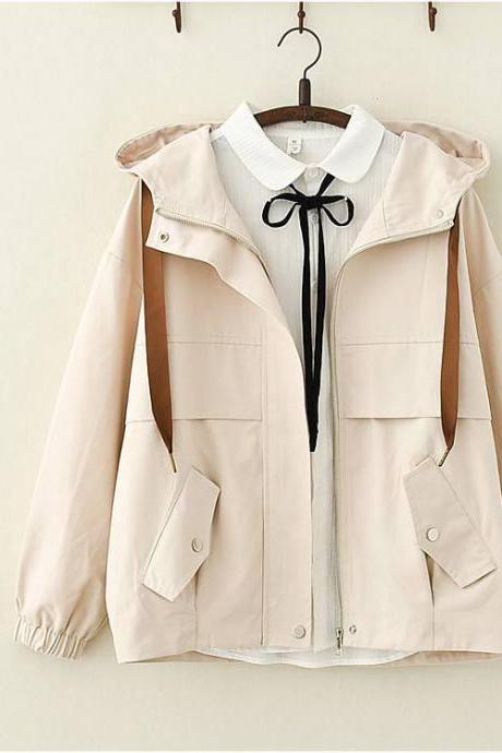 Spring Style Women Hooded Coat Small Fresh Pure Color Long-sleeved Windbreaker Jacket Tooling Jacket