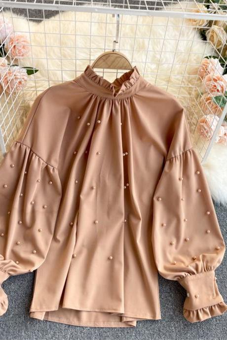 Beaded Ruffled Collar Shirt Women Cloth Lantern Sleeve Loose Tops Female All-match Solid Color Blouse
