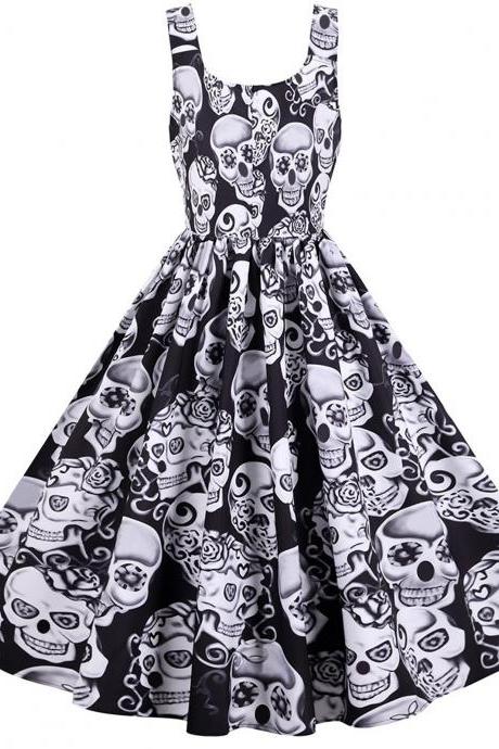 Plus Size Fashion Dress Women Vintage Halloween Cartoon Print Sleeveless Evening Party Prom Elegant Dress