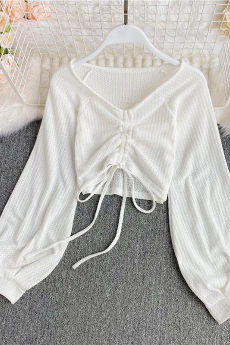 Autumn Cropped Long-sleeved Top Women Slim Slimming V-neck High-waist Short Drawstring T-shirt