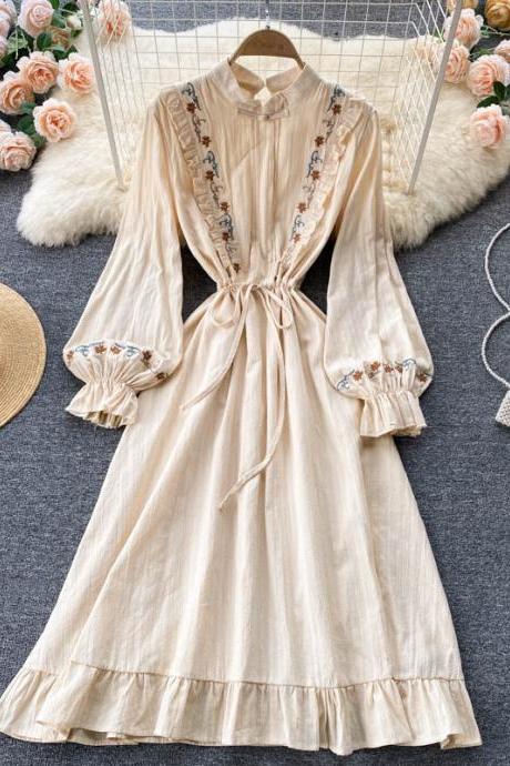 Cute A Line Women Embroidered Dress Long Sleeve Solid Dress
