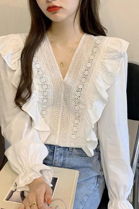 Spring Autumn Women Shirt Retro Hong Kong Flavor V-neck White Long Sleeve Top