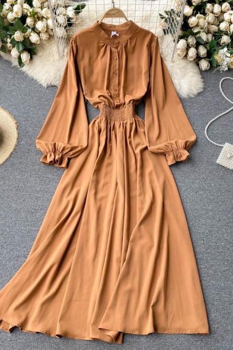 Women Spring Long-breasted Dresss Temperament Holiday Sleeve Bubble Round Neck Dress Style Slim Fit Female Dress