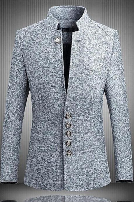  Men Solid Color Slim Fit Suit Long Sleeve Stand Collar Single-breasted Plus Size Slim Blazer