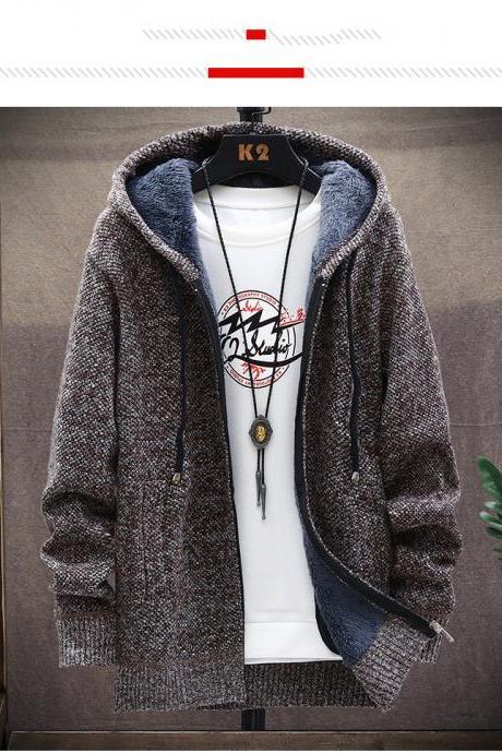 Knitted Long Sleeve Men Cardigan Solid Color Hooded Zipper Closure Cardigan Sweater Outerwear