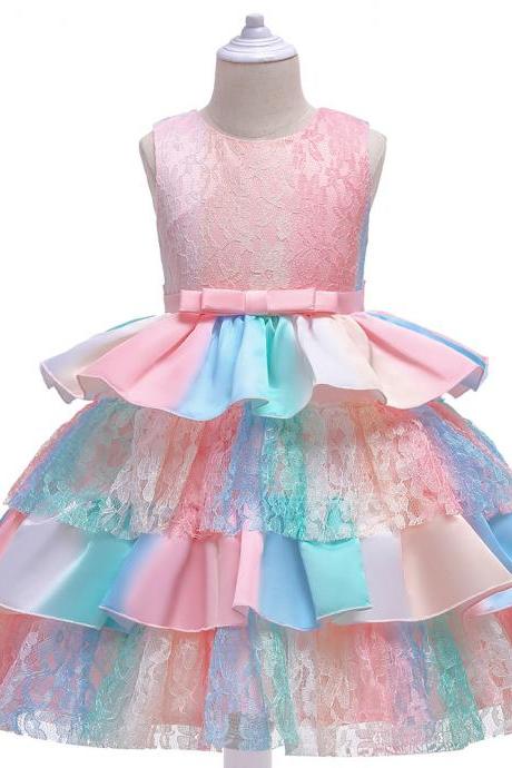 Children Cake Lace Rainbow Colorful Princess Birthday Party Prom Wedding Evening Infant Summer Dress Vestidos Baby Girl Clothes 