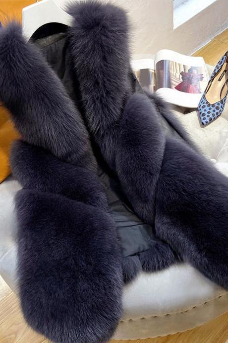 Autumn Winter Fur All-in-one Women Waistcoa Fur Vest Mid-length Fox Fur Warm Vest Coat