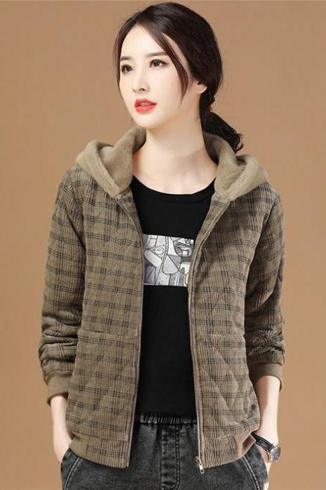  Women Cotton Coat Corduroy Short Jacket 2021 New Autumn Winter Korean Loose Plus Velvet Thick Plaid Lamb Wool Coat Female Tops