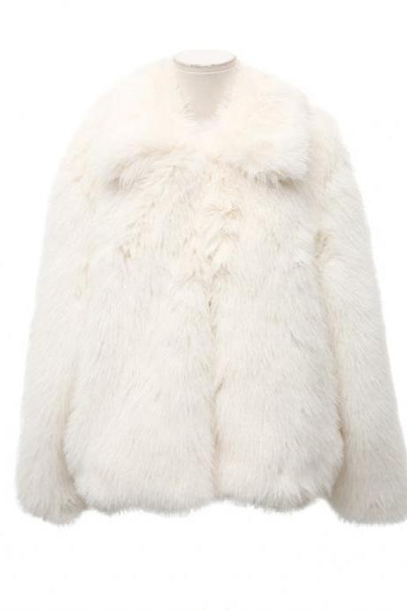 Women faux fur coat new winter lapel faux fur plush loose short coat 