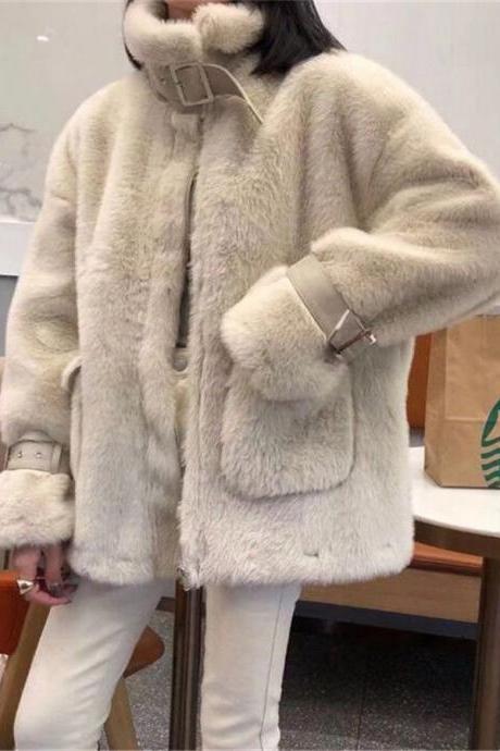 Lamb wool women coat short section 2021 winter new loose collar lamb velvet mink velvet female coat