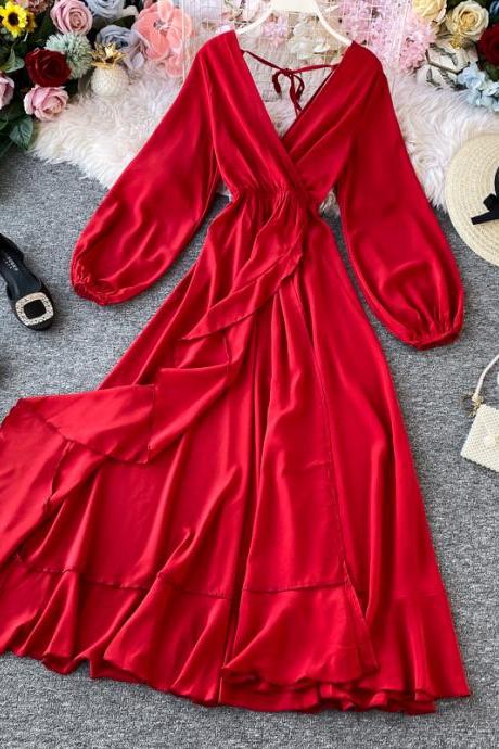 Seaside vacation V-neck sexy women backless beach dress burgundy dress irregular long skirt