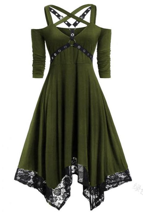 Women Halloween Plus Size Open Shoulder Lace Half Sleeve Gothic Dress Women's Autumn Dresses Fashion
