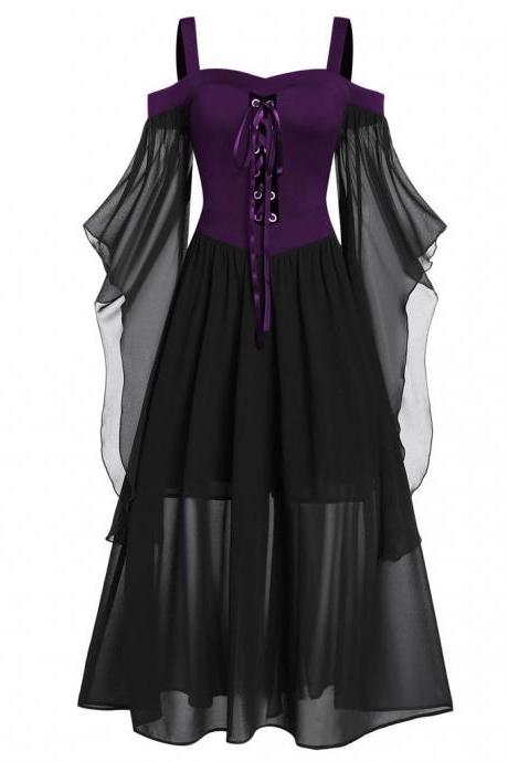 Womne Plus Size dress Cold Shoulder Butterfly Sleeve Lace Up Feminine Clothes Ruffle Dark Elegant dress