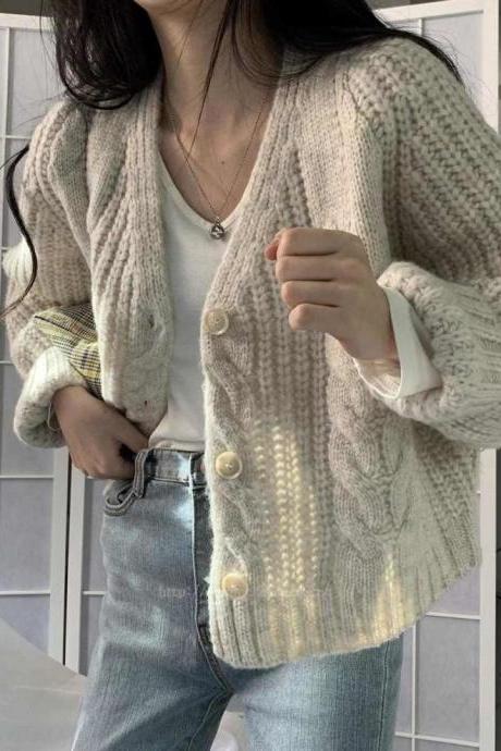 Women Knitted Cardigan Jacket Pure Color Short Twist Sweater Student Tops Fall 2022
