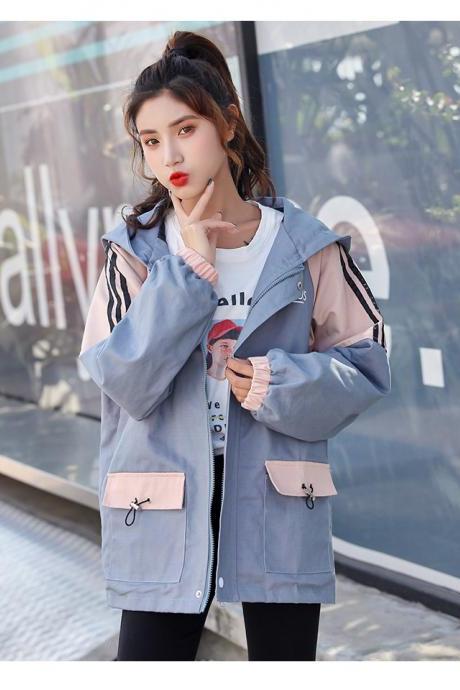 Women autumn coat 2021 color matching student loose wild college style sports baseball uniform top