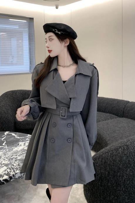 Retro Women Shawl Dress Windbreaker Autumn 2022 Pleated Suit Neck Long Sleeves Solid Dress