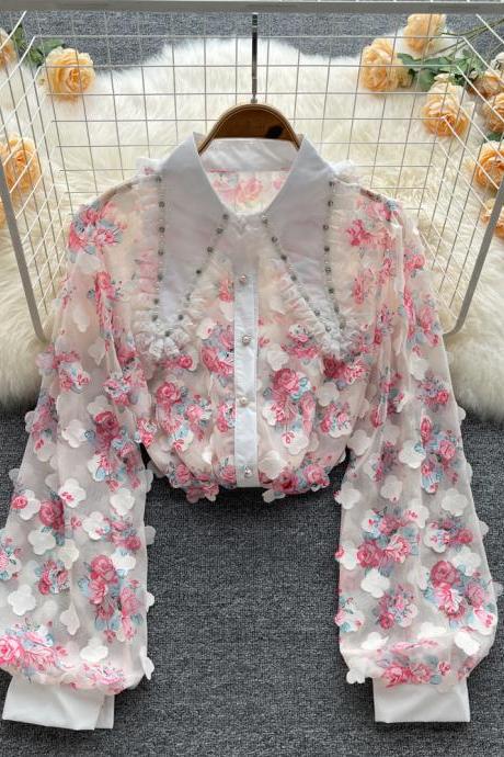 2022 Women Style Three-dimensional Floral Beaded Shirt Casual Fresh Temperament Top