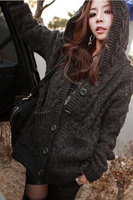 2022 Women Autumn Winter Hooded Long Sleeve Solid Amazon Button Women Short Sweater