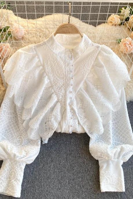 Vintage Temperament Lace Women Shirt Lotus Edge Lantern Sleeves Design Shirt Female Autumn