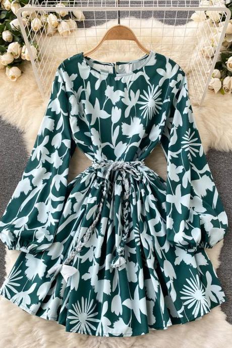 Women New Style Printed dress Round Neck Long Sleeve Waist Waist Dress Fashion Pleated Short dress