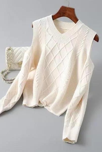 V-neck Off-the-shoulder Women Sweater Spring Autumn Fall-shoulder Knit Thin Bottoming Slim Long Sleeves Top