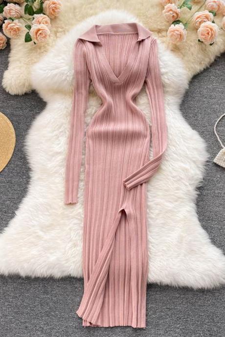  Women Korean Knitted Dress Long Sleeve V Neck Elastic Slim Pencil Dresses 2021 Autumn Sexy Bodycon Split Sweater Dress