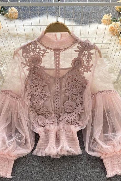women Mesh suit half high neck three-dimensional flowers western style lantern sleeves base sling two-piece lace shirt top