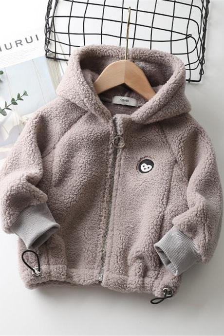 Fall/winter Boys And Girls Grain Fleece Jacket Product Plus Fleece Thick Hooded Zipper Warm Top