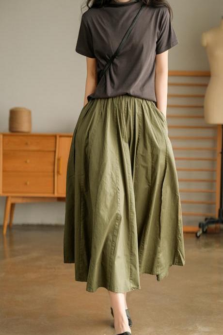 Women Cotton Solid Pleated Skirts Casual Elastic Waist Loose All-match Vintage Elegant A-Line Skirts