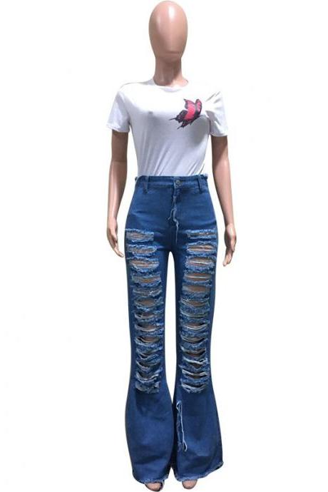  Sexy Ripped jeans Fringe Hollow out Ruffle Flare denim Pants High Waist Bodycon Hole Women Trousers Club Outfits