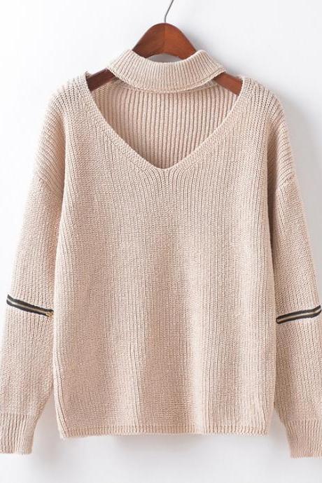 Women Autumn Winter Style Solid Sweater Neckline Hollow Hanging Neck V-neck Zipper Sweater