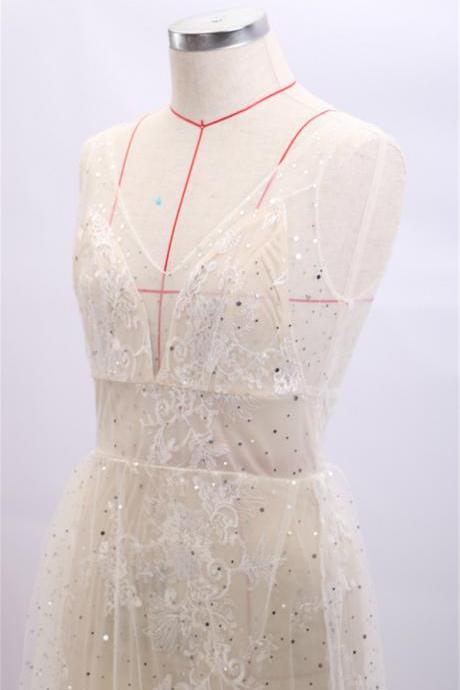 Women New Wedding Dress Sexy V-Neck Sleeveless Lace Bridal Dress
