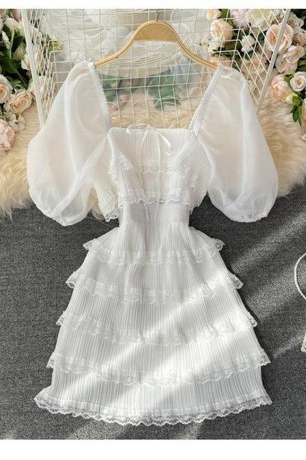 Neploe Gentle Sweet Style Spring Summer New Dress Women Short Puff Sleeve White Dresses Square Neck Layering Lace Vestidos