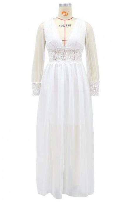Spring summer new women mesh dresses long-sleeved wedding dresses banquet dress V-neck lace mesh dress