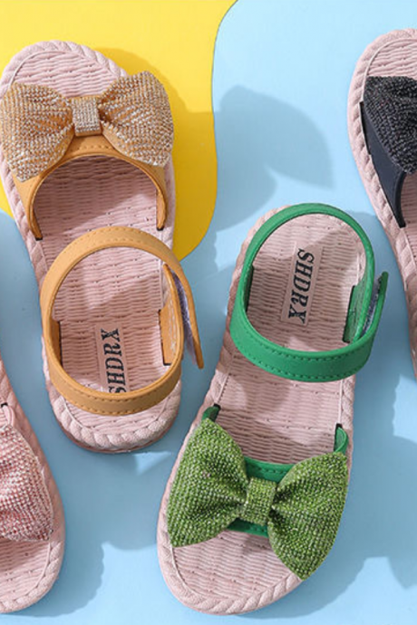Girls sandals summer new cartoon bow little girl foreign style solid color soft bottom beach shoes