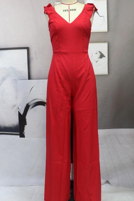 Summer Jumpsuit Women Casual Pants Deep V Backless Slim Fit Sleeveless Sexy Straight Pants