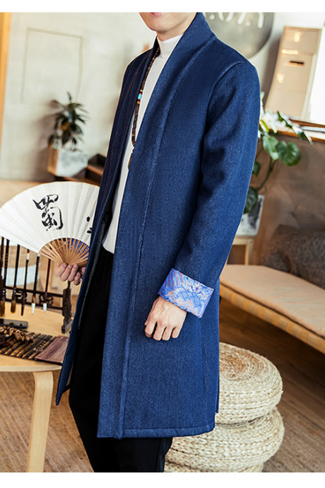 Chinese style men trench coat winter new fashionable velvet mid-length denim jacket loose robe coat