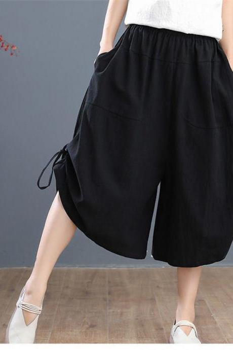 Summer Loose Bloomers, Casual Elastic Waist Wide Leg Pants, Large Size Middle Waist Women, Solid Culottes Cropped Pants