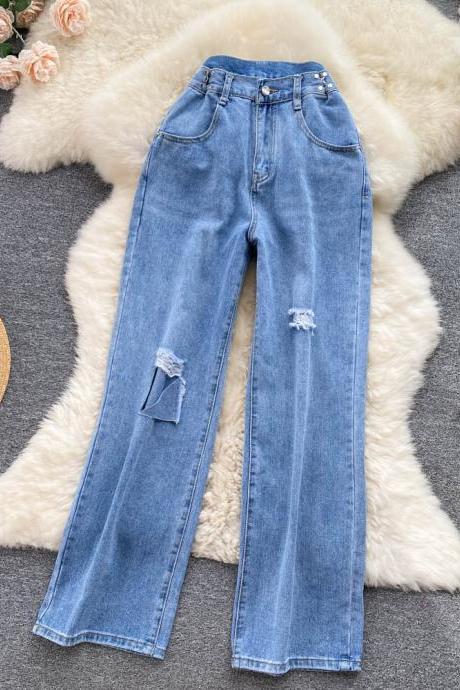 Denim Hole Pants Women Straight Autumn Slim Pocket Button Zipper Style Ladies Loose Wide Leg Long Pants