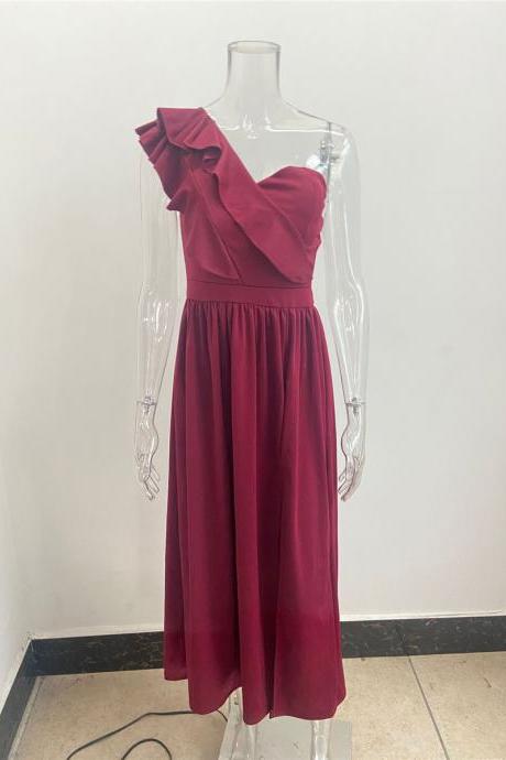 Ladies Off Shoulder Diagonal collar Pleated Evening Dress Solid Sleeveless Ruffle Hem Elegant Dress Summer Sexy Slit Maxi Dress