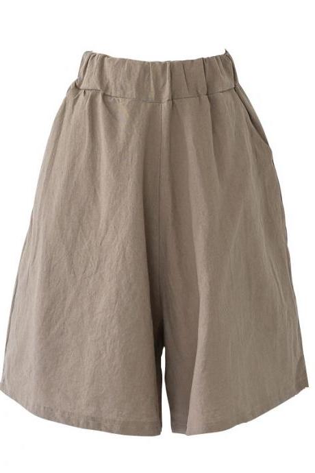 Women Clothing Summer Wide-leg Pants Cotton Linen Casual Plus Large Size Elastic Waist Five-point Wide-leg Shorts 