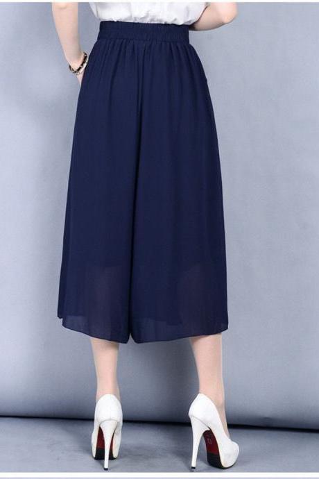 New Chiffon breathable Wide-leg pants pockets Women Summer cropped pants high waist loose casual pants Skirt pants