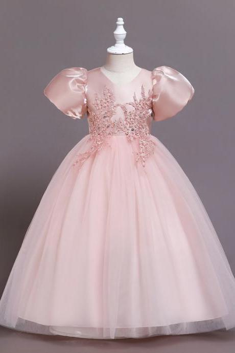  Flower Girl Wedding Banquet Lace Long Dress For Kids Elegant Puffy Lace Bow Birthday Party Dress Pageant Ball Gown Formal Dress