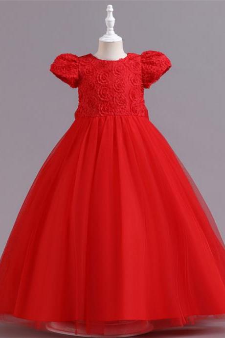 Children Princess Dress Girl's Rose Blossom Bowknot Pomfret Long Dress