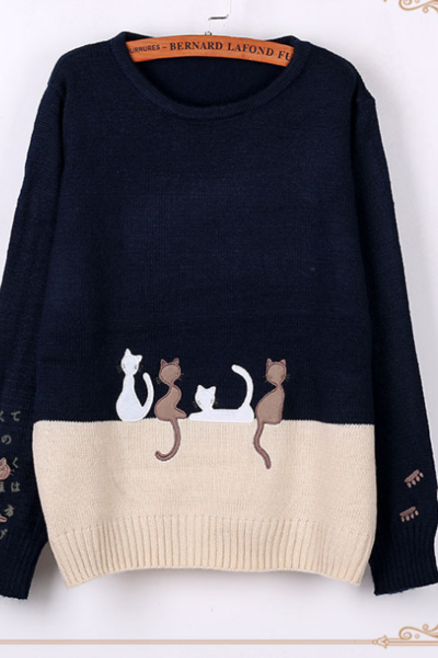 New style cartoon kitten color contrast round neck pullover sweater loose college style sweater bottoming shirt 