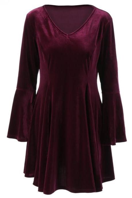 Autumn Winter Women Large dress Solid V-Neck Cashmere Long Sleeve Dress 