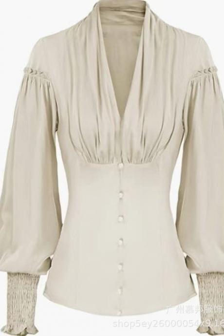 Women Victorian Long Sleeve Shirt Retro Pleated solid Shirt