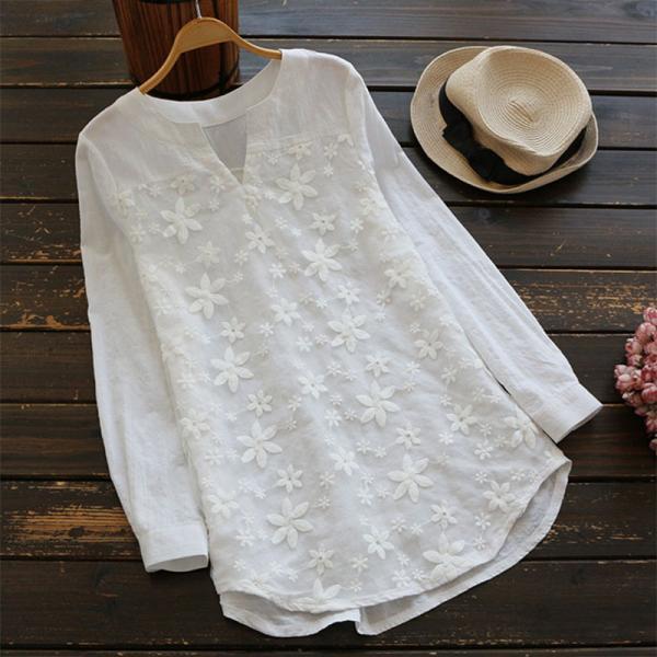 Women Embroidery Floral Lace Blouse V Neck Long Sleeve Casual